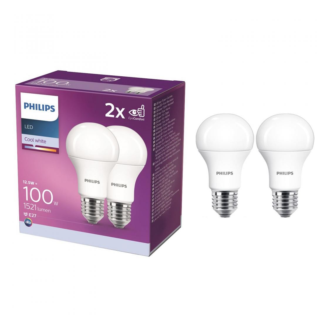 2 Becuri LED Philips A60, EyeComfort, E27, 12.5W (100W), 1521 lm, lumina neutra (4000K), mat