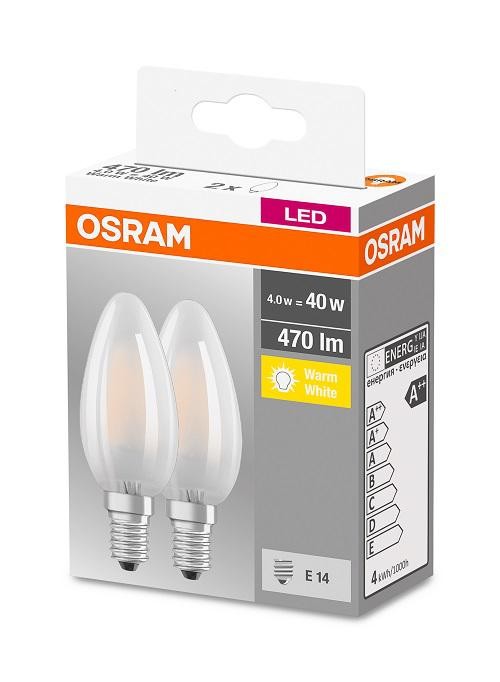2 Becuri LED Osram Base Classic B, E14, 4W (40W), 470 lm, lumina calda (2700K), semi-transparent