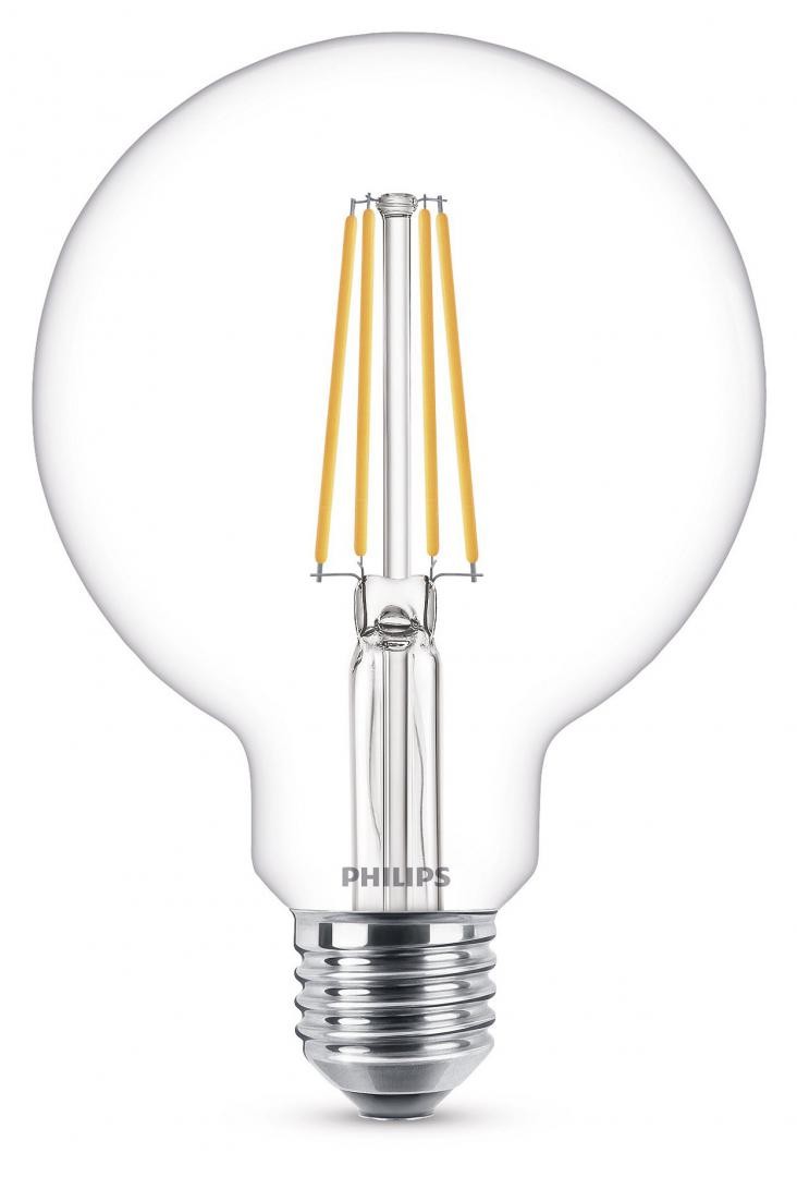 Bec LED Philips Classic G93, EyeComfort, E27, 7W (60W), 806 lm, luminacalda (2700K), cu filament, 14x9.5cm - 1 | YEO