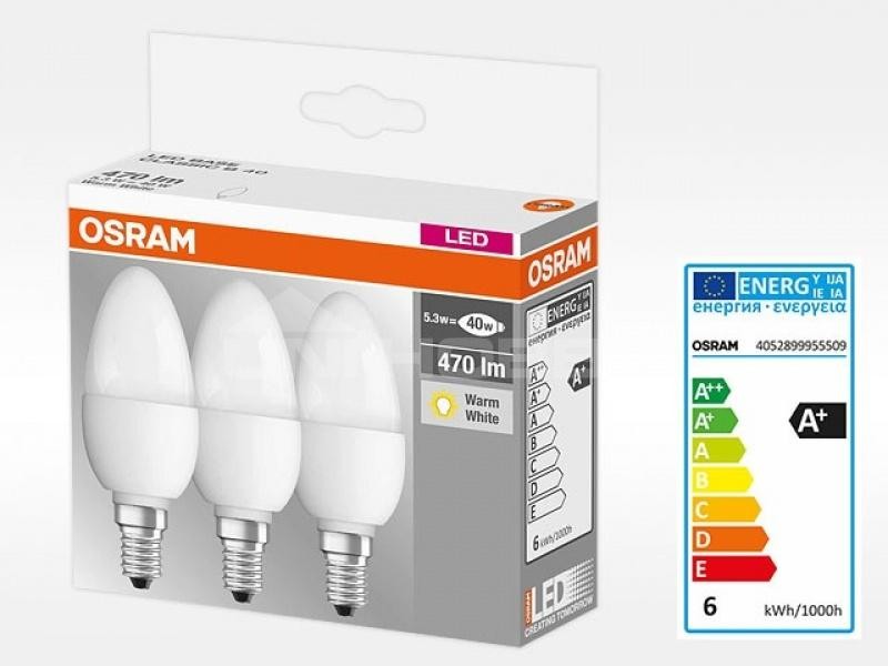 3 Becuri LED Osram Base Classic B, E14, 4.9W (40W), 470 lm, lumina calda (2700K)