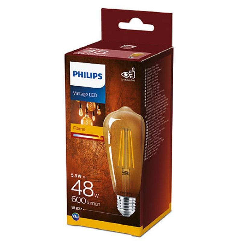 Bec LED vintage (decorativ) Philips Classic Gold Bulb ST64, EyeComfort, E27, 5.5W (48W), 600 lm, lumina calda (2500K), cu filame