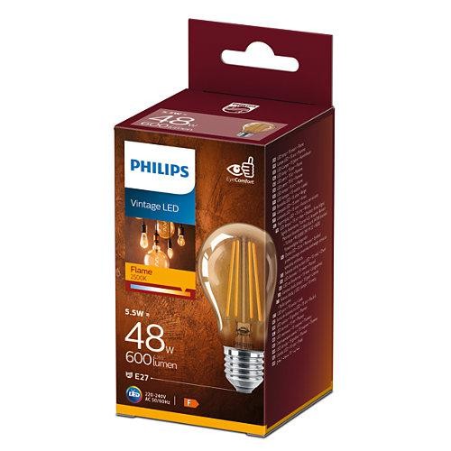 Bec LED vintage (decorativ) Philips Classic Gold Bulb A60, EyeComfort, E27, 5.5W (48W), 600 lm, lumina calda (2500K), cu filamen