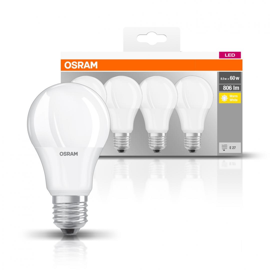 4 Becuri LED Osram Base Classic A, E27, 8.5W (60W), 806 lm, luminacalda(2700K)