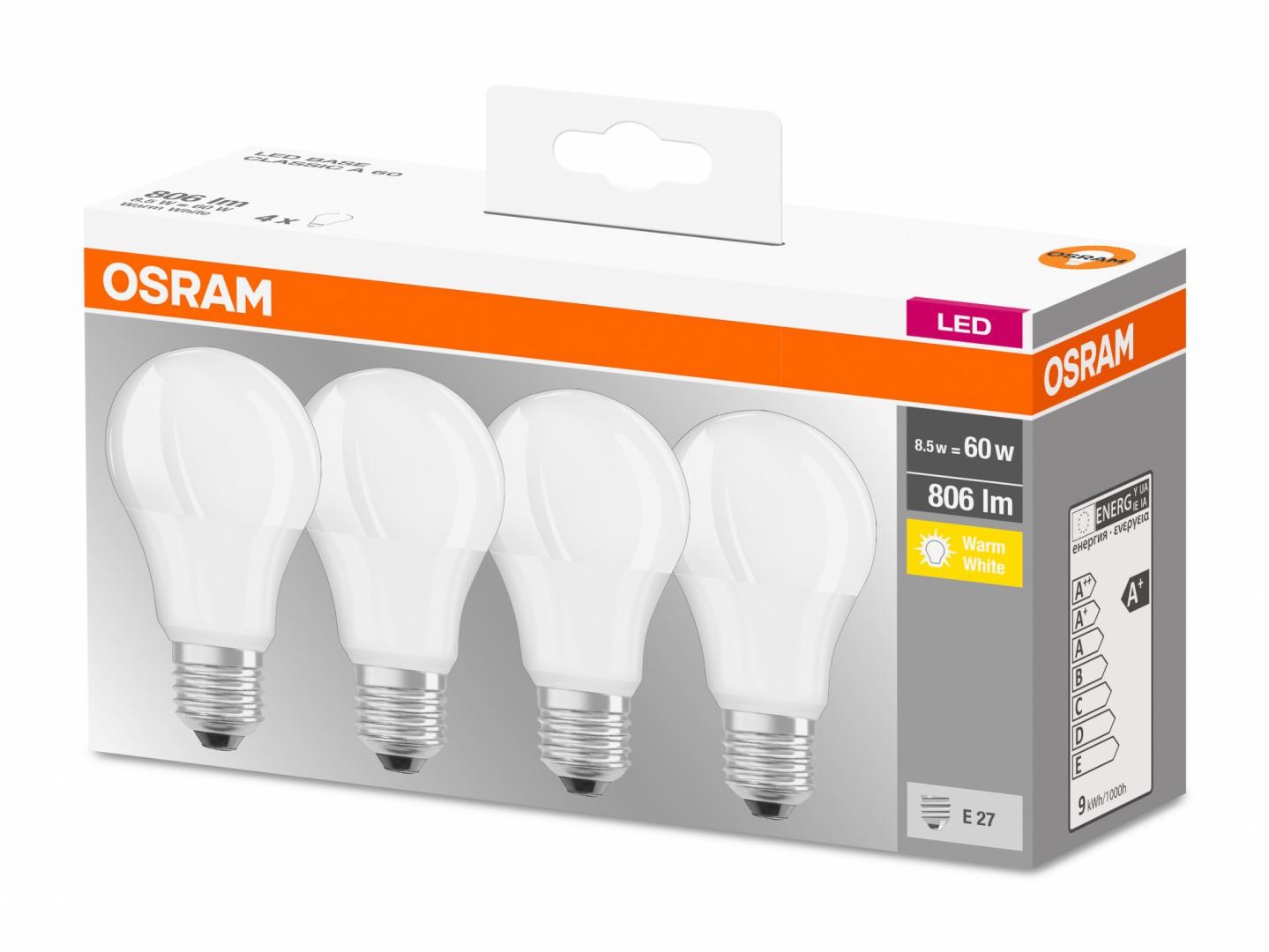 4 Becuri LED Osram Base Classic A, E27, 8.5W (60W), 806 lm, luminacalda(2700K) - 2 | YEO