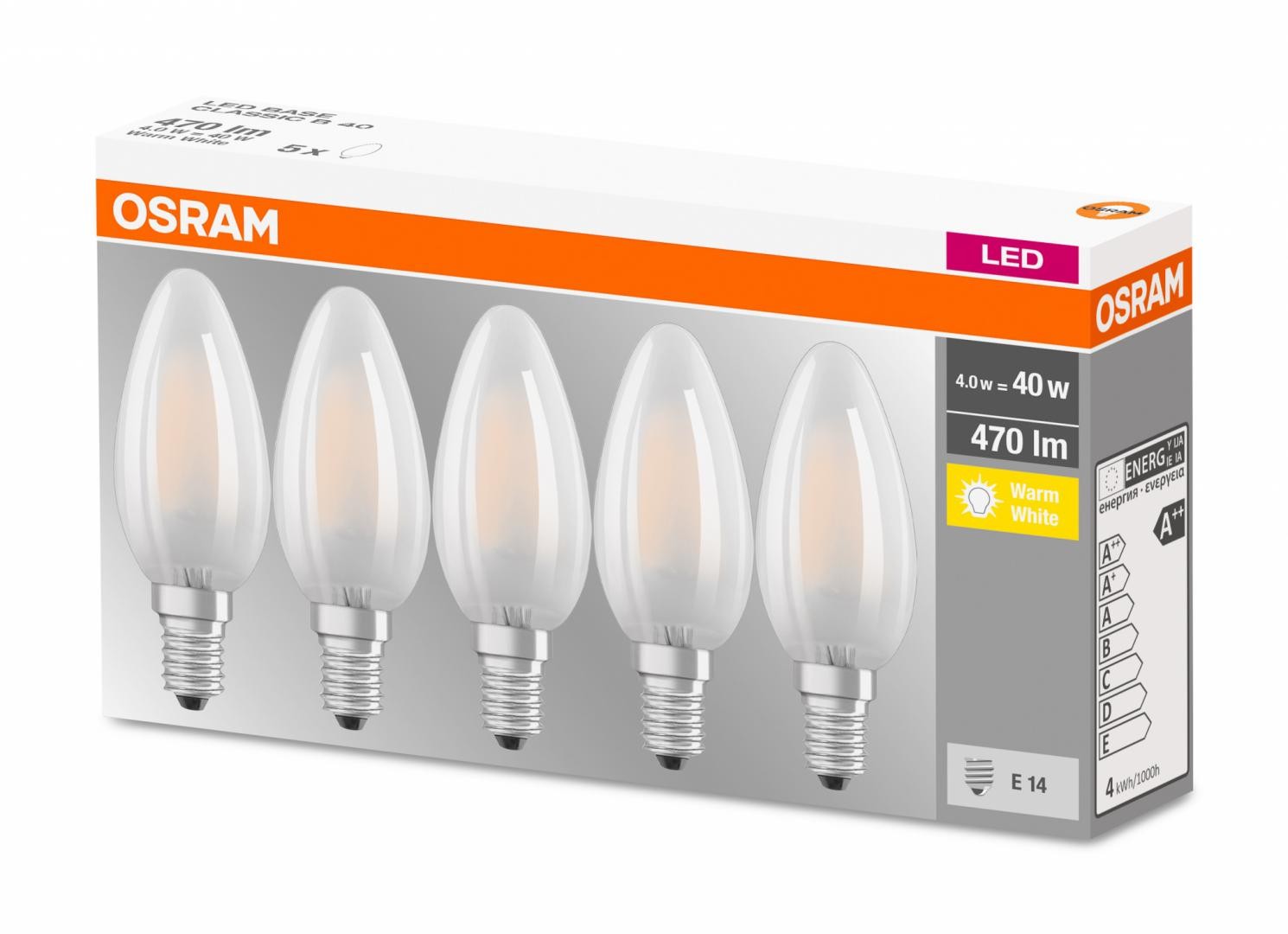 5 Becuri LED Osram Base Classic B, E14, 4W (40W), 470 lm, lumina calda (2700K), semi-transparent