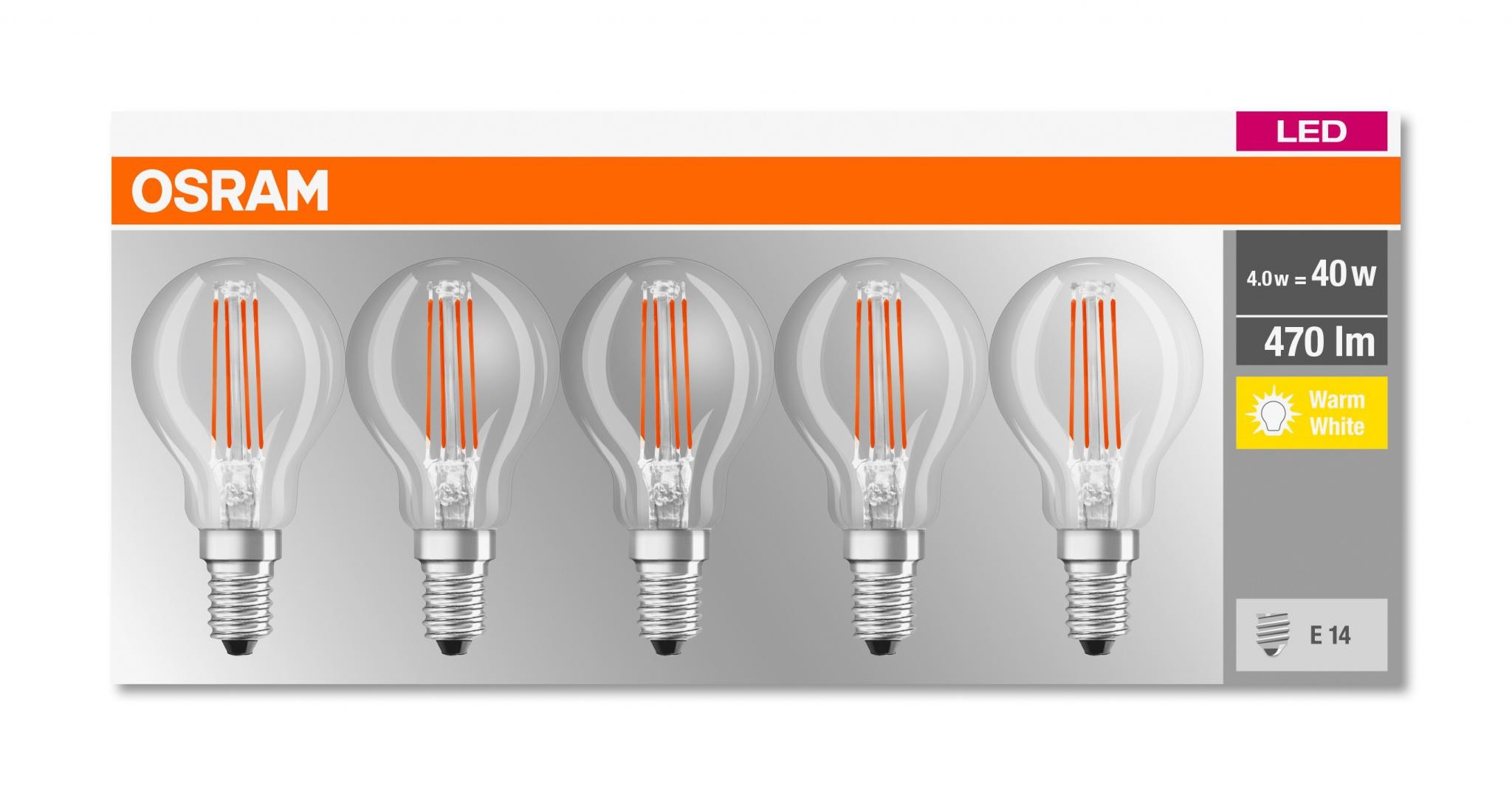 5 Becuri LED Osram Base Classic P, E14, 4W (40W), 470 lm, luminacalda(2700K), cu filament - 2 | YEO