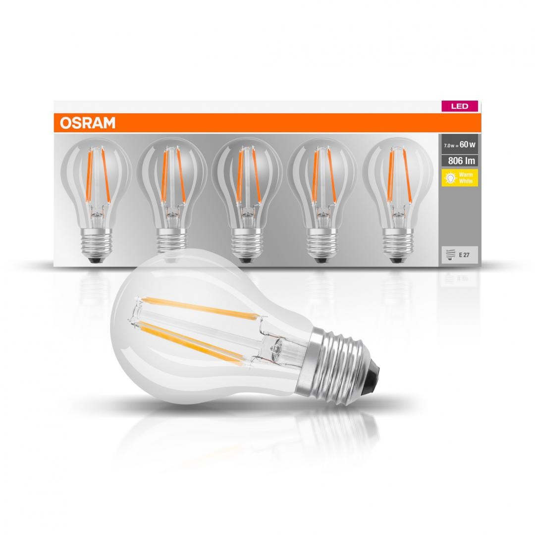 5 Becuri LED Osram Base Classic A, E27, 7W (60W), 806 lm, luminacalda(2700K), cu filament