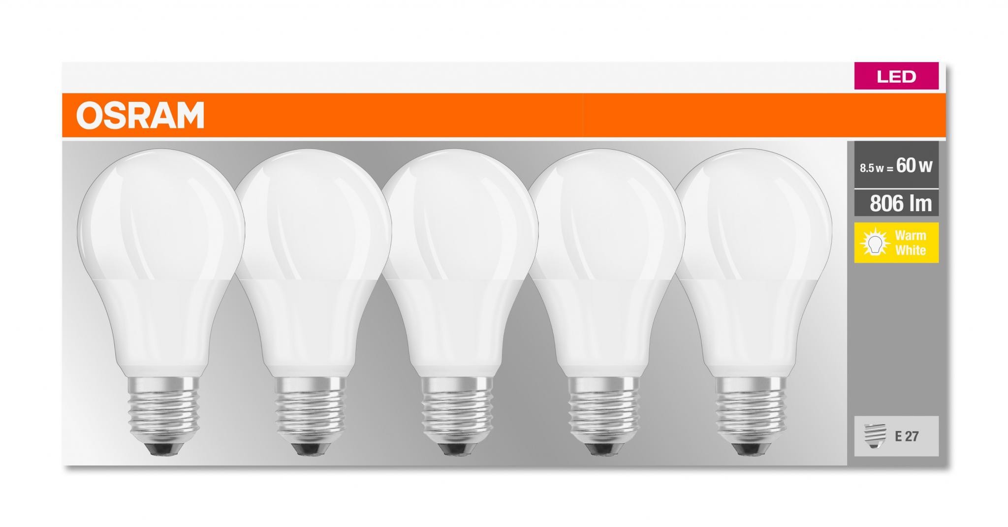 5 Becuri LED Osram Base Classic A, E27, 8.5W (60W), 806 lm, lumina calda(2700K)