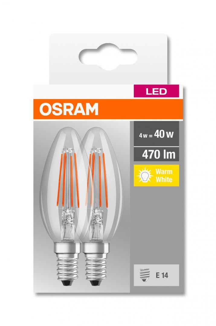 2 becuri led osram base classic b, e14, 4w (40w), 470 lm, lumina calda (2700k), cu filament