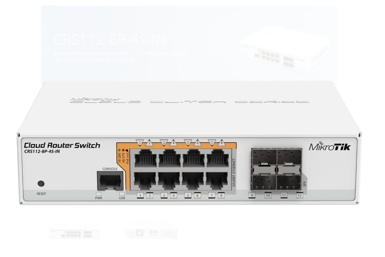MikroTik Cloud Router Switch 112-8P-4S-IN with QCA8511 400Mhz CPU, 128MBRAM, 8xGigabit LAN with PoE-out, 4xSFP, RouterOS L5, des