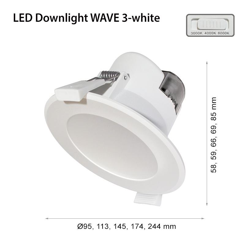 Spot LED incastrat 2R Wave R205, 25W, 2500 lm, lumina reglabila (3000K/4000K/6000K), IP44, 244x85mm, dimensiuni de montaj: ?195-