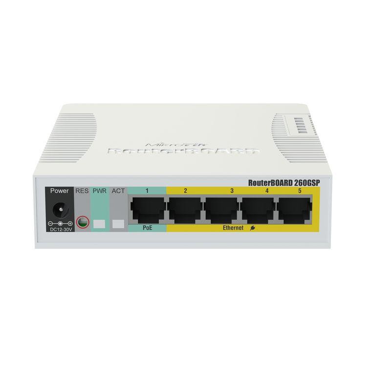 Mikrotik SOHO switch routerboard, RB260GSP, Flash Storage: 128 KB, PoEin: Passive, PoE out: Passive, 5* 10/100/1000 Ethernet por