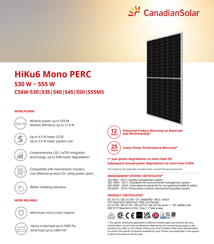 Panou Solar Fotovoltaic Monocristalin HiKu6 Mono PERC CS6W-555MS Silver Frame, max. 1500V, lungime cablu 410mm, conector T6, 555