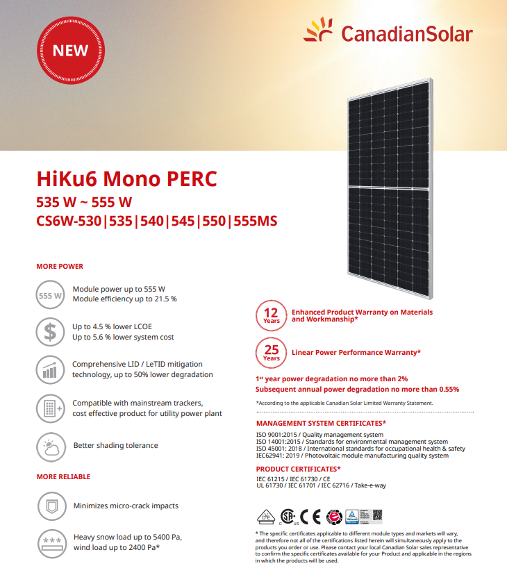 Canadian Solar Panou solar fotovoltaic monocristalin hiku6 mono perc cs6w-550ms silver frame, max. 1500v, lungime cablu 1400mm, conector t6, 55