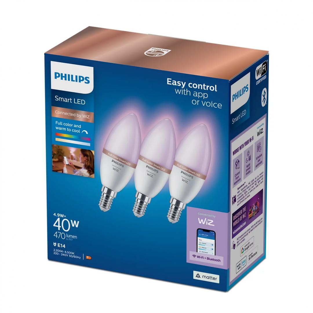 Philips Smart 3 becuri led rgb inteligente philips candle c37, wi-fi, bluetooth, e14, 4.9w (40w), 470 lm, lumina alba si color (2200-6500k)