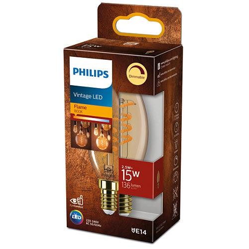 Bec LED vintage (decorativ) Philips Classic Gold Candle B35, EyeComfort, E14, 2.5W (15W), 136 lm, lumina calda (1800K), dimabil,