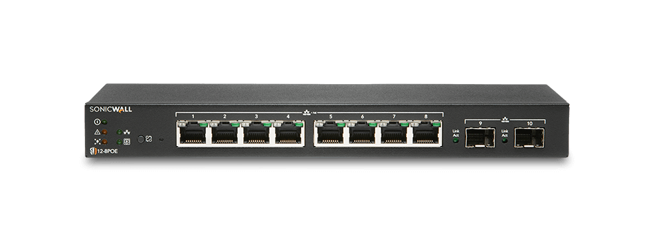 Switch SonicWall SWS12 8 porturi Gigabit, 2 porturi SFP, POE/POE+, static routing, firewall/cloud managed