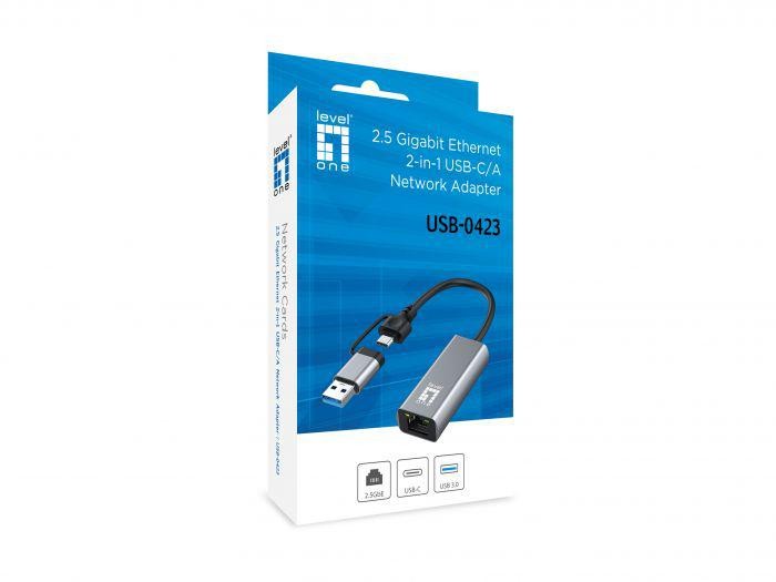 LevelOne USB-0423 2.5 Gigabit Ethernet 2-in-1 USB-C/A Network Adapter, 59 x 25 x 14 mm