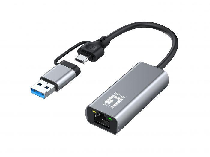 LevelOne USB-0423 2.5 Gigabit Ethernet 2-in-1 USB-C/A Network Adapter, 59 x 25 x 14 mm - 1 | YEO