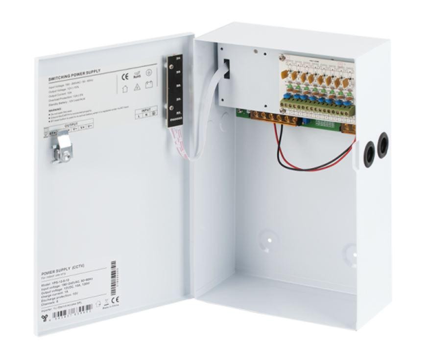 Sursa cu backup, 8 canale, comutatie, Tensiune de intrare: 190-265Vca, 50-60Hz, Tensiune de iesire: 12V, 10A, loc pentru acumula