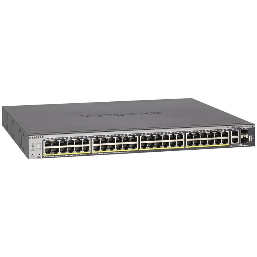 Netgear Gigabit stackable smart switch (48 ge ports, 4 10g ports, poe+) 4 dedicated, 2 copper and 2 fiber (s3300 series s3300-52x-poe+)