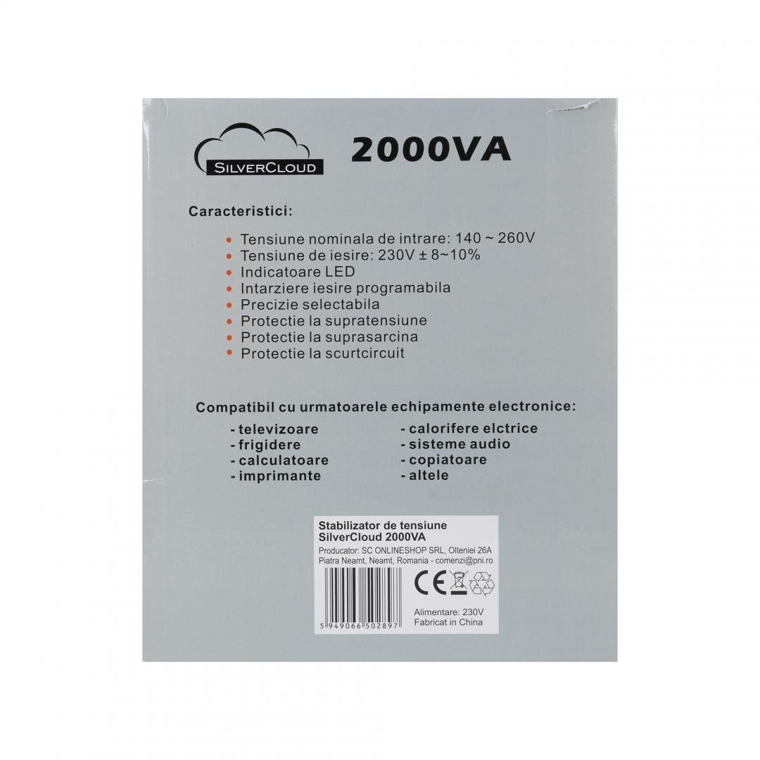 Stabilizator de tensiune SilverCloud 2000VA 1200W 9.1A, Capacitate: 1200W/2000VA, Curent: 9.1A, Iesire:2 x priza Schuko, 230V ?