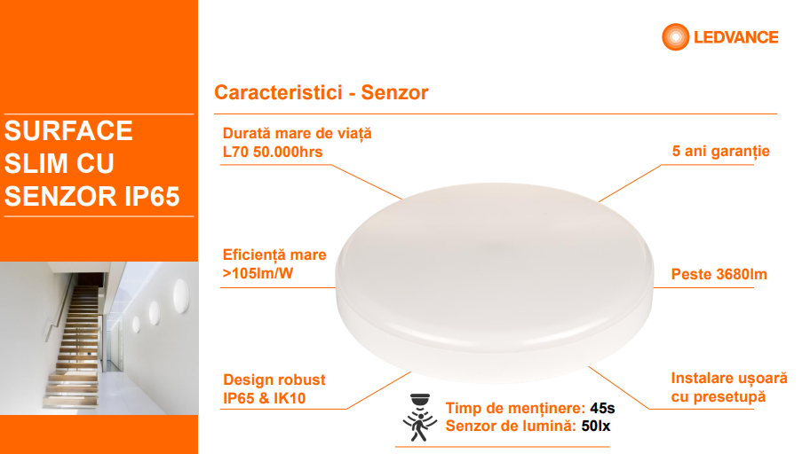 Plafoniera LED pentru exterior cu senzor de miscare Ledvance SURFACE SLIM SQUARE 260, 26W, 2730 lm, lumina neutra (4000K), IP65/