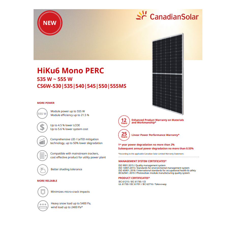 Canadian Solar Panou solar fotovoltaic monocristalin hiku6 mono perc cs6w-545ms silver frame, max. 1500v, lungime cablu 1400mm, conector t6, 54