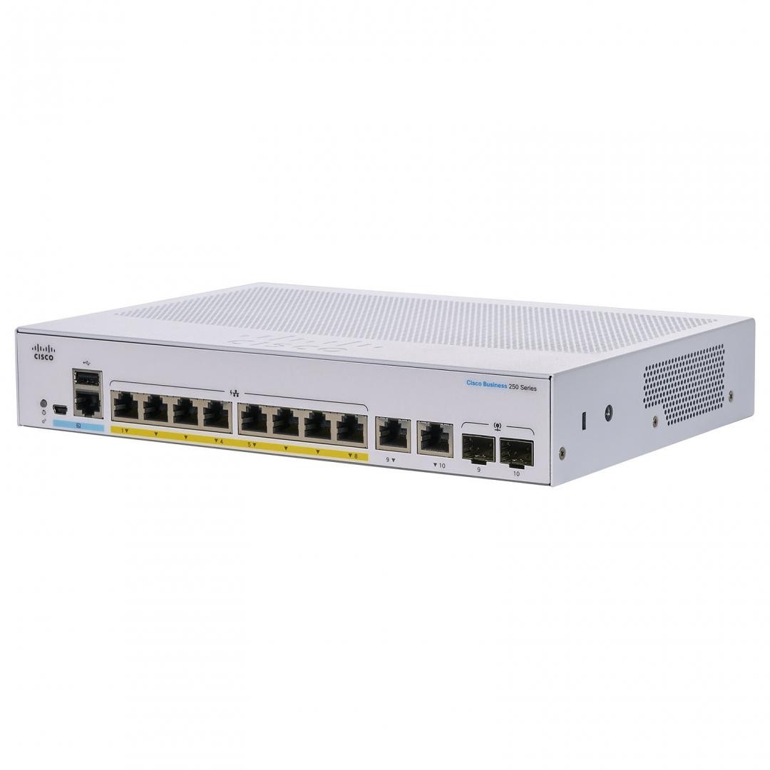 Switch CISCO CBS250-8PP-E-2G, 8 PORTURI 10/100/1000, 2 x SFP, POE 45w, Buffer: 1.5 Mb, Flash 256Mb, CPU: 800 MHz ARM , DRAM: 51