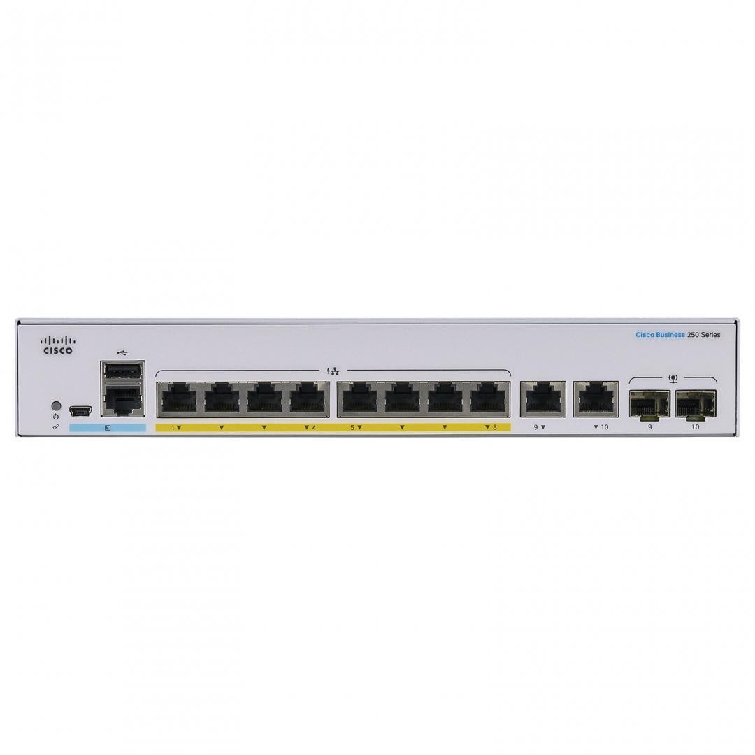 Switch CISCO CBS250-8FP-E-2G, 8 PORTURI 10/100/1000, 2 x SFP, POE 120w, Buffer: 1.5 Mb, Flash 256Mb, CPU: 800 MHz ARM , DRAM: 5