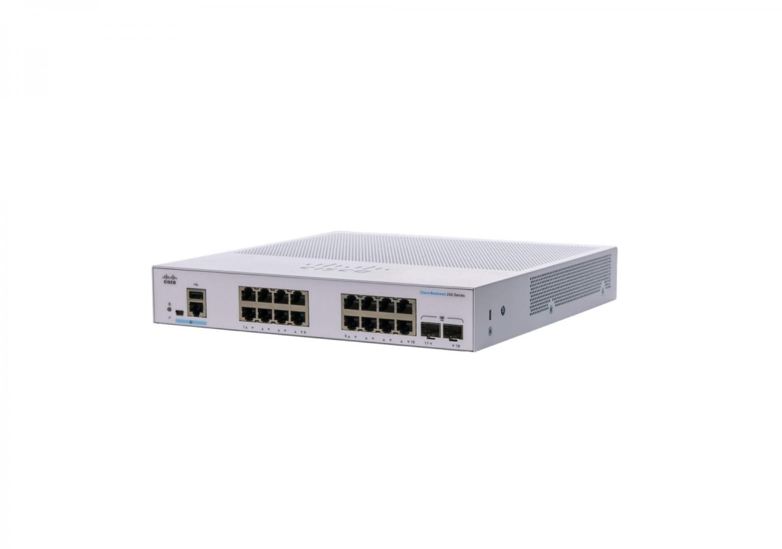 Switch CISCO CBS250-16T-2G, 16 PORTURI 10/100/1000, 2 x SFP, Buffer: 1.5 Mb, Flash 256Mb, CPU: 800 MHz ARM , DRAM: 512 MB Dimen
