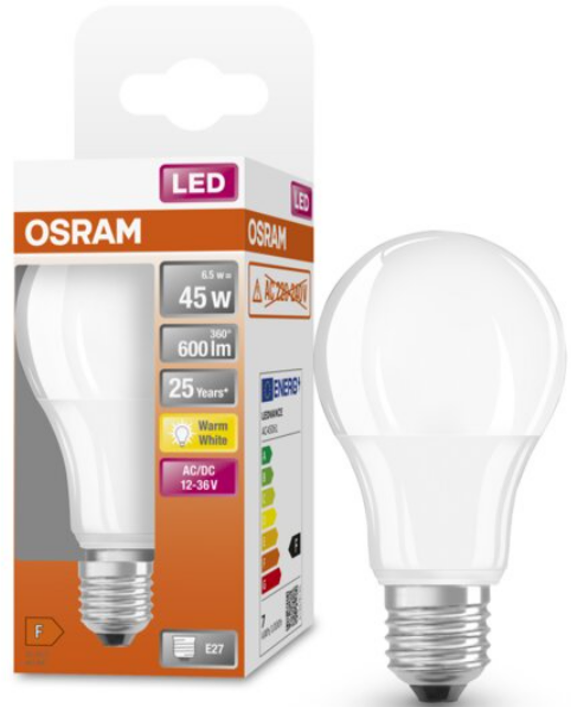 Bec LED Osram Classic A60, E27, 12-36V AC/DC, 6.5W (45W), 600 lm, lumina calda (2700K), nu functioneaza la 220-240V