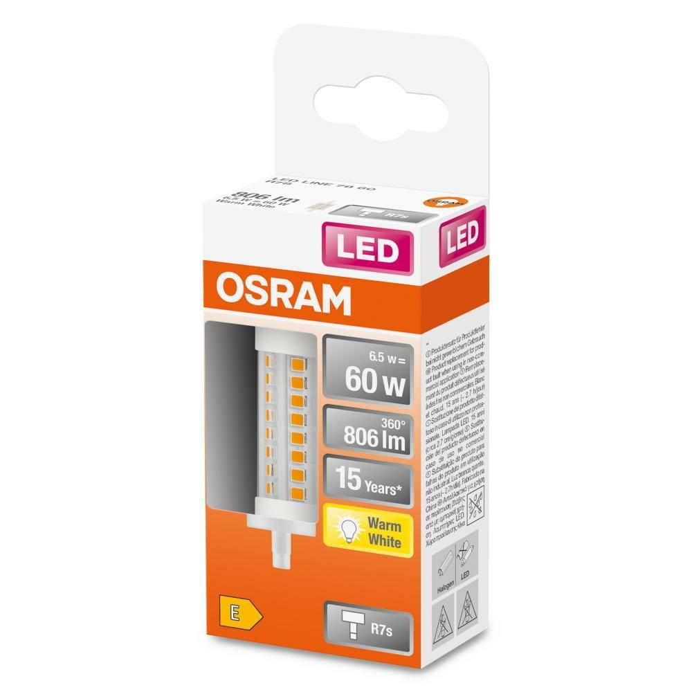 Bec LED Osram LINE, R7s, 6.5W (60W), 806 lm, lumina calda (2700K), 78mm, ?29mm