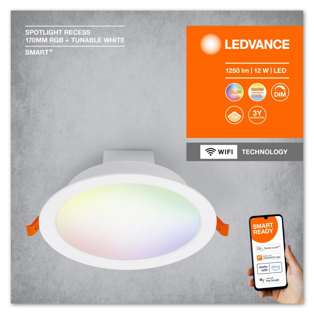 Spot LED RGB incastrat Ledvance SMART+ WiFi, 12W, 1000 lm, lumina alba si color (2700-6500K), IP20/IK03, 170x57mm, Alb