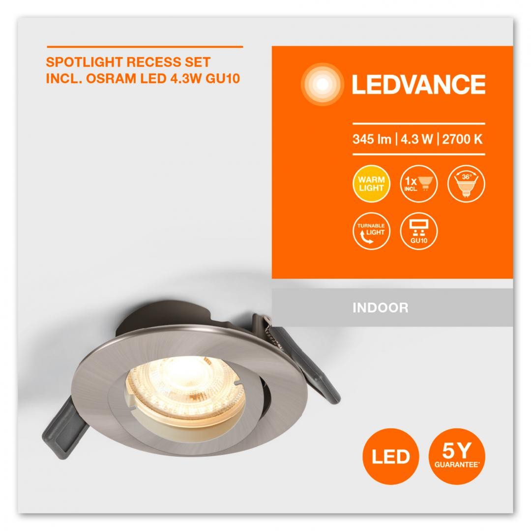 Spot LED incastrat Ledvance, GU10, 4.3W, 345 lm, lumina calda (2700K), ?8cm, Nichel
