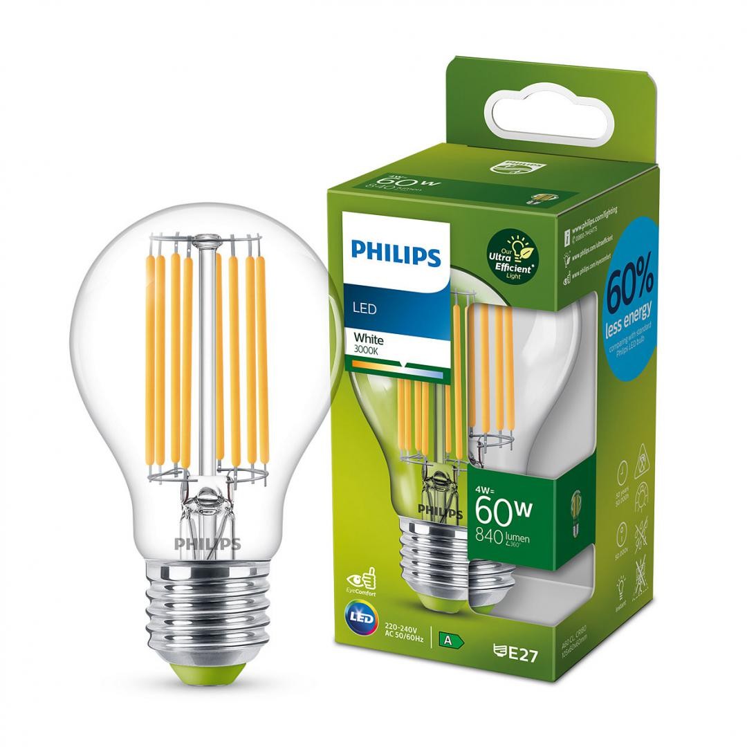 Bec LED Philips Classic A60, Ultra Efficient Light, E27, 4W (60W), 840 lm, lumina calda (3000K)