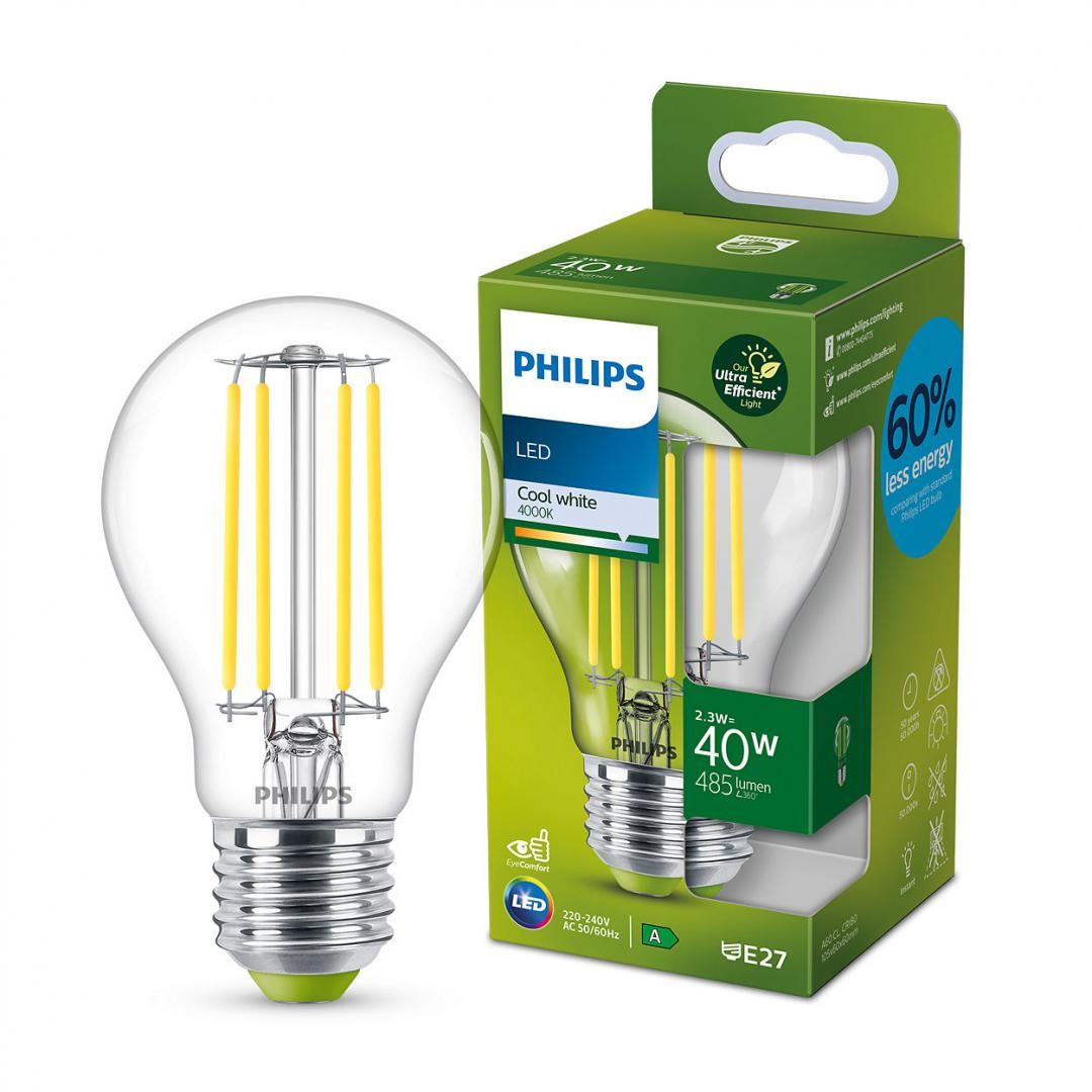 Bec LED Philips Classic A60, Ultra Efficient Light, E27, 2.3W (40W), 485lm, lumina neutra (4000K)