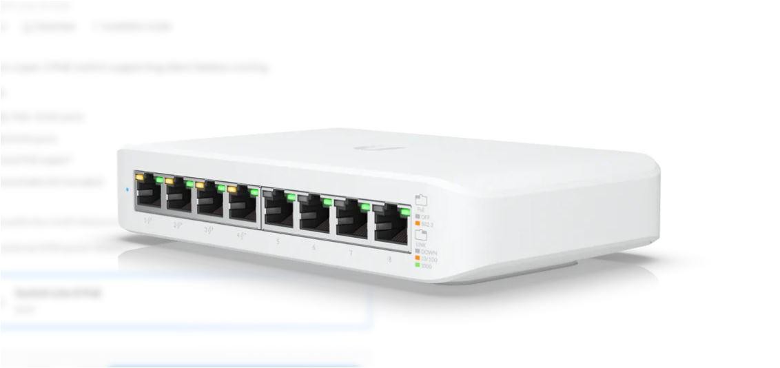 Ubiquiti UniFi 8 port switch, USW-LITE-8-POE, 8 x 10/100/1000 Mbe RJ 45 ports, 4 x POE, 8 Gbps, buget POE: 52W, SMB layer 2 PoE