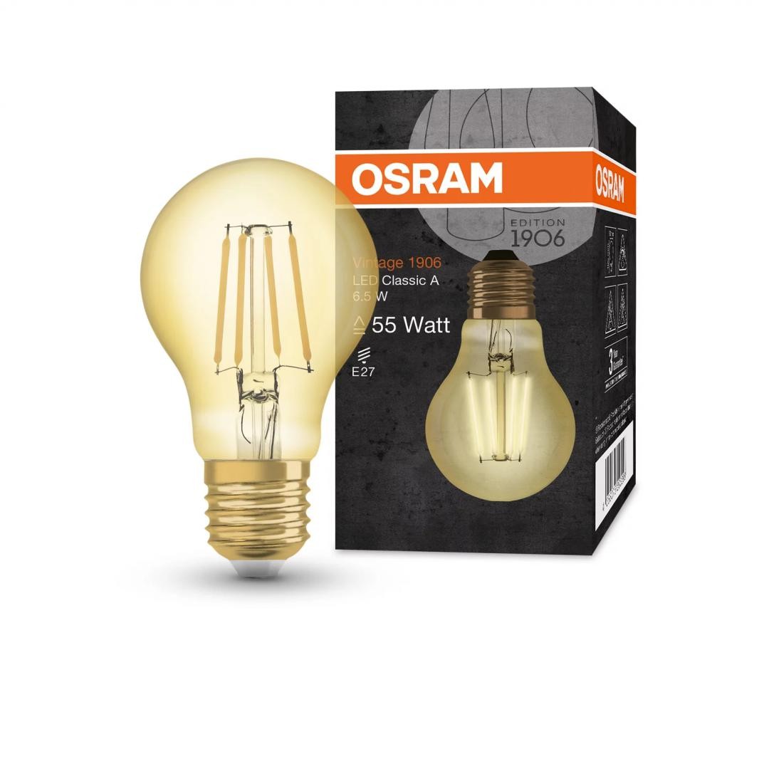 Bec LED Osram Vintage 1906 CLAS A, E27, 6.5W (50W), 650 lm, lumina calda(2400K), cu filament - 1 | YEO