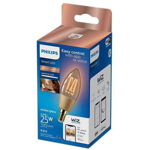 Bec LED inteligent vintage (decorativ) Philips Filament Candle Amber C35, Wi-Fi, Bluetooth, E14, 4.9W (25W), 370 lm, lumina alba