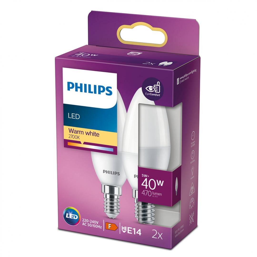 2 Becuri LED Philips B35, EyeComfort, E14, 5W (40W), 407 lm, luminacalda (2700K), mat