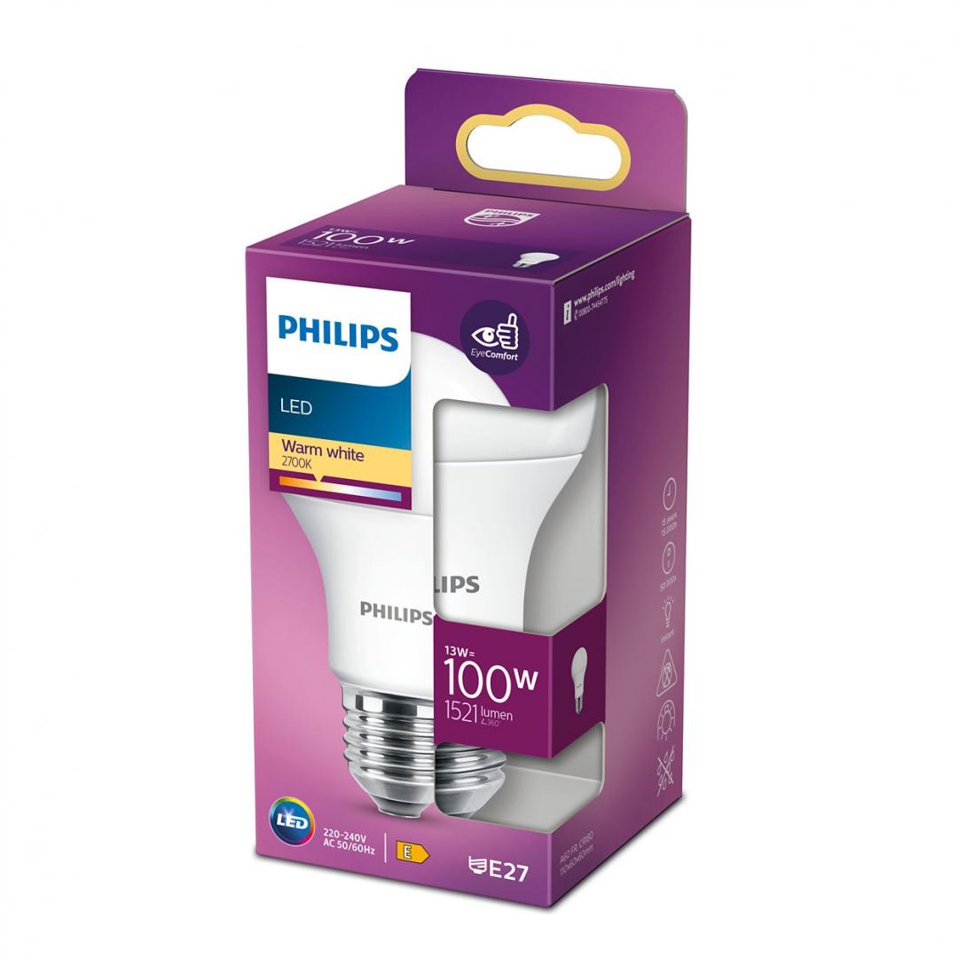 Bec LED Philips A60, EyeComfort, E27, 13W (100W), 1521 lm, lumina calda (2700K), mat