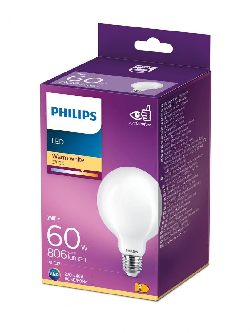 Bec LED Philips Classic G93, EyeComfort, E27, 7W (60W), 806 lm ,luminacalda (2700K), mat - 1 | YEO