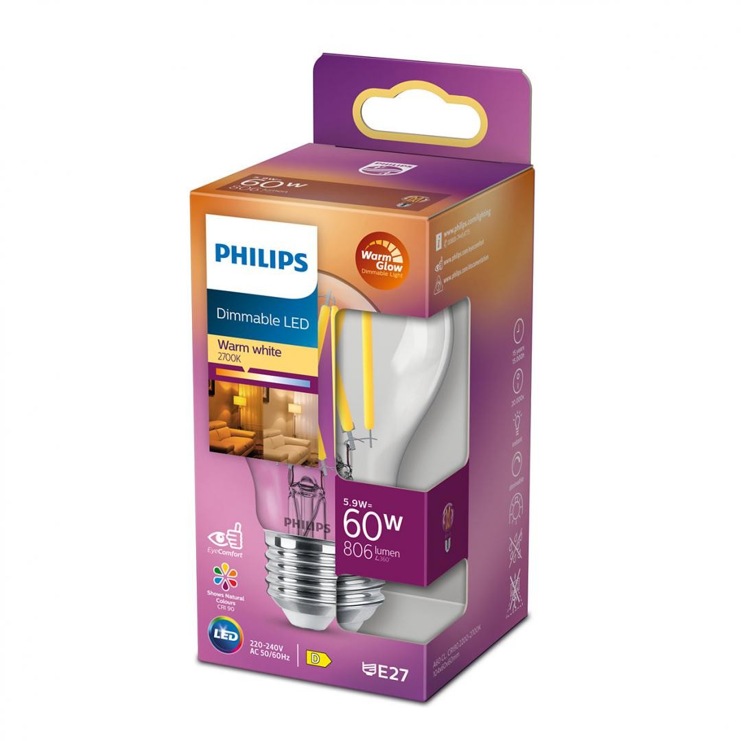 Bec LED Philips Classic A60, EyeComfort, E27, 5.9W (60W), 806 lm ,luminacalda (2200-2700K), dimabil, cu filament - 2 | YEO