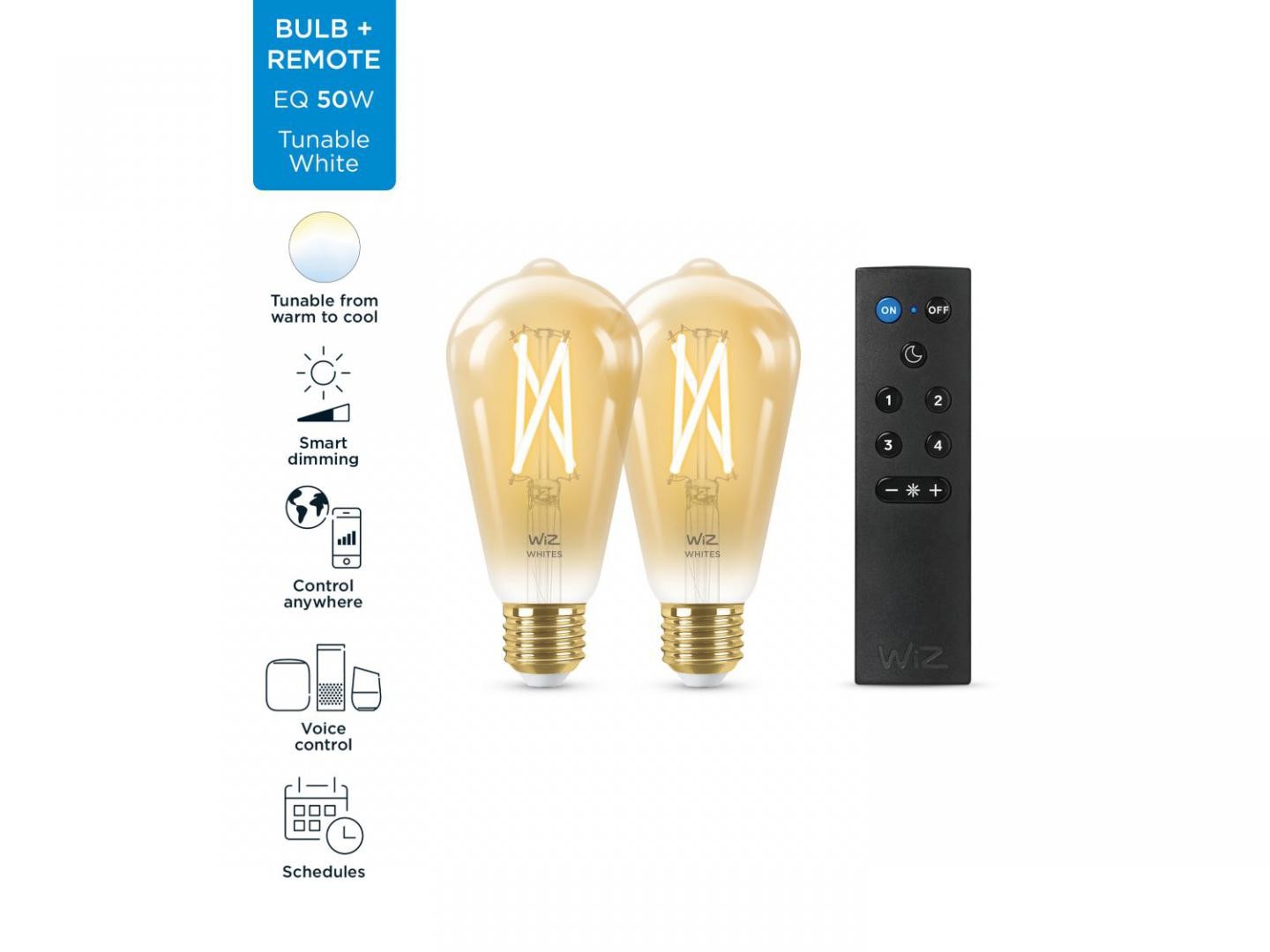 Pachet 2 Becuri LED inteligente vintage (decorative) WiZ Connected Filament Gold ST64, Wi-Fi, E27, 7W (50W), 640 lm, lumina alba