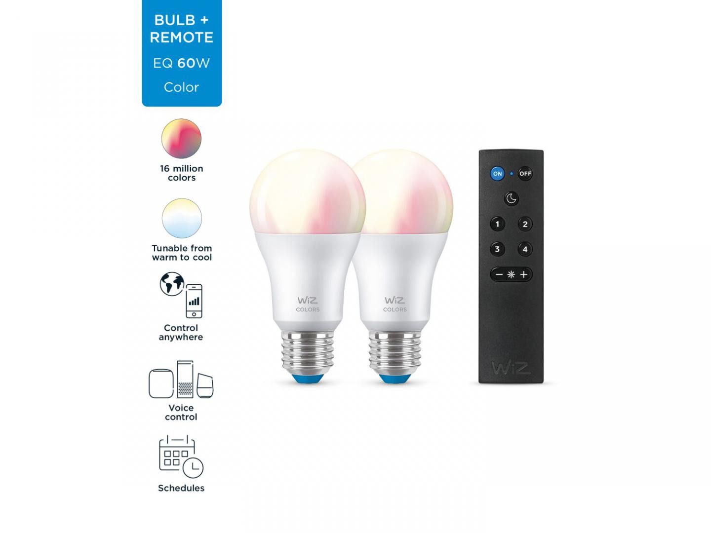 Pachet 2 Becuri LED RGB inteligente WiZ Connected Colors A60, Wi-Fi, E27, 8W (60W), 806 lm, lumina alba si color (2200-6500K)
