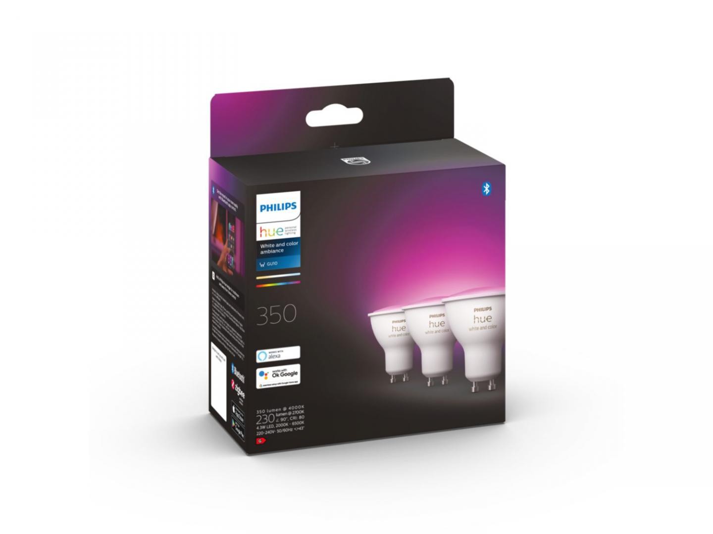 3 Becuri LED RGB inteligente Philips Hue Spot, Bluetooth, GU10, 4.3W (35W), 350 lm, lumina alba si color (2000-6500K)