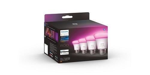 4 Becuri LED RGB inteligente Philips Hue A60, Bluetooth, E27, 6.5W (60W), 806 lm, lumina alba si color (2200-6500K)