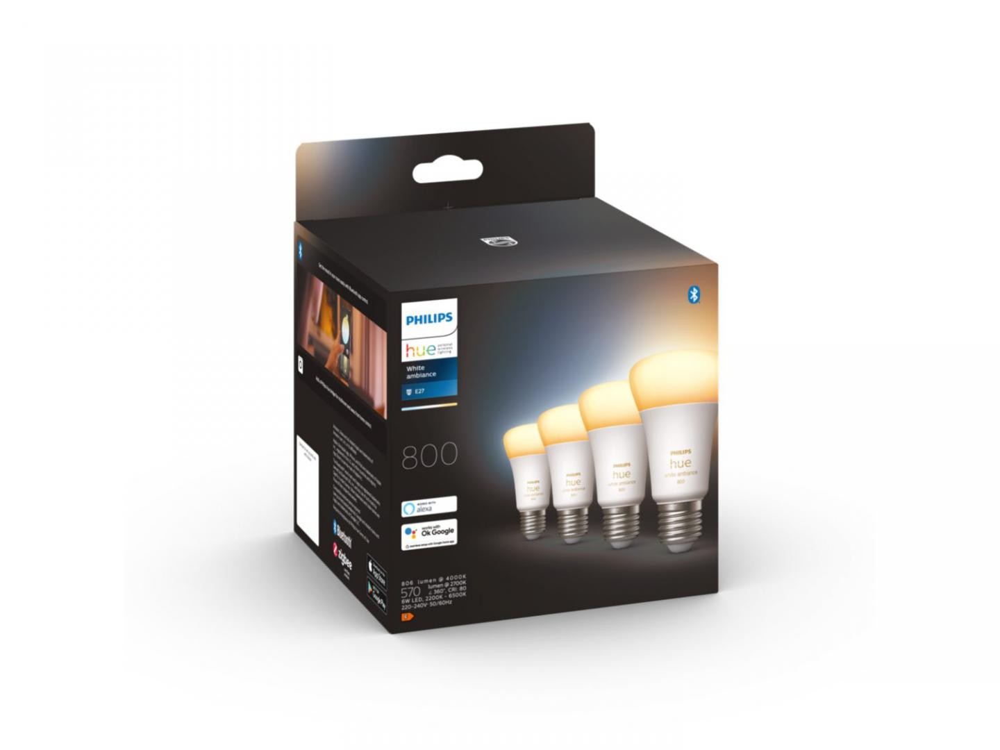 4 Becuri LED inteligente Philips Hue A60, Bluetooth, E27, 6W (60W), 800 lm, lumina alba (2200-6500K)