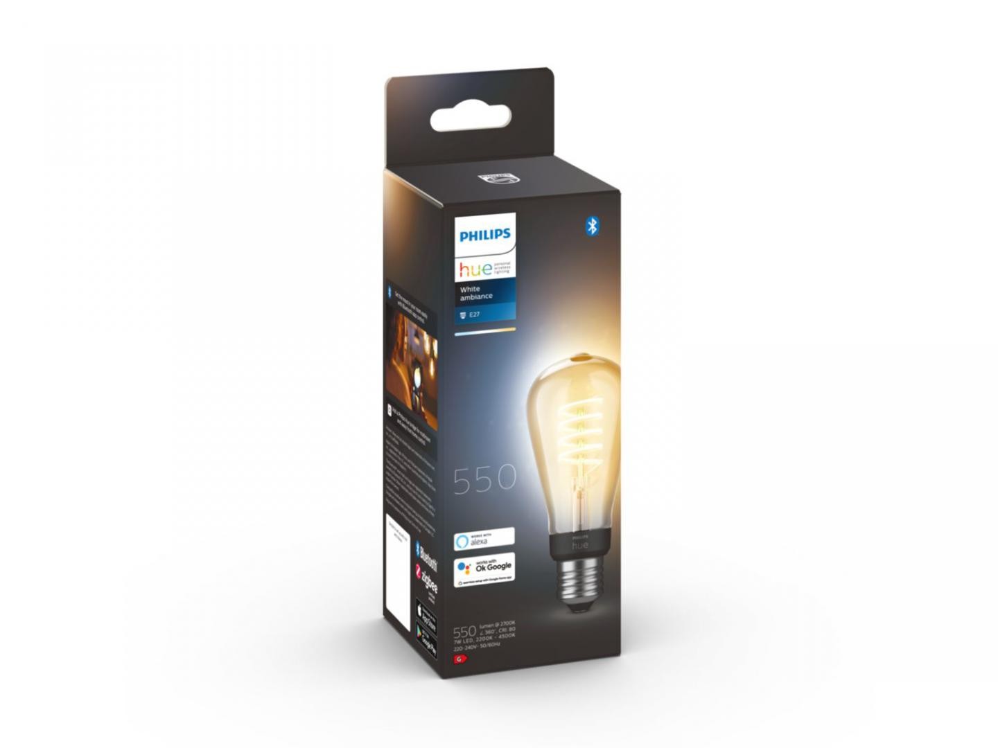 Bec LED inteligent vintage (decorativ) Philips Hue Filament Edison ST64, Bluetooth, E27, 7W (40W), 550 lm, lumina alba (2200-450